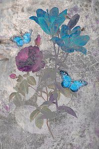 Fleurs abstraites et papillons sur fond peint grunge sur Behindthegray