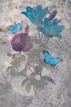 Abstract Flowers and Butterflies on a Grungy Painted Background by Behindthegray