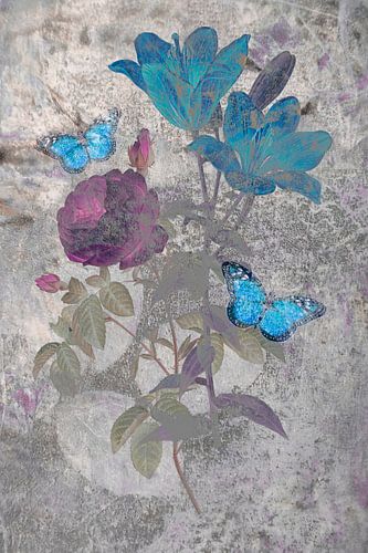 Abstrakte Blumen und Schmetterlinge auf einem grungy gemalten Hintergrund