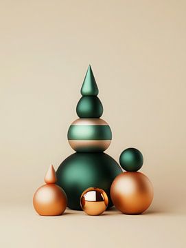 Sculpture de Noël minimaliste composée d'ornements verts et dorés