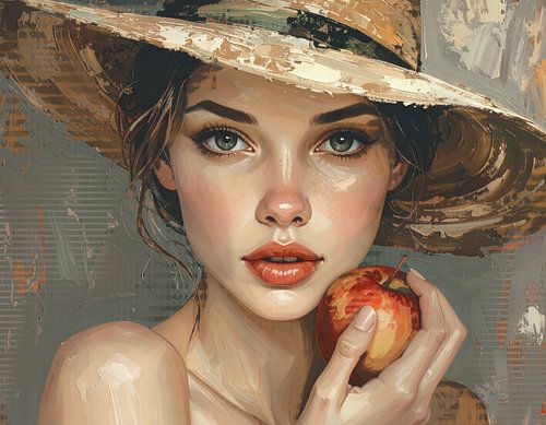 Vrouw met grote rieten zonnehoed en appel