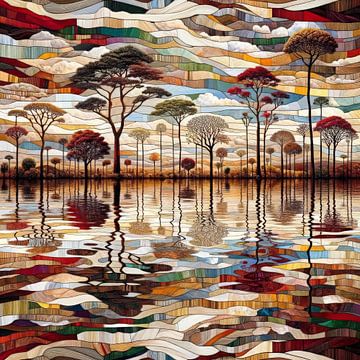 Collage van bomen en hun reflectie van Lois Diallo