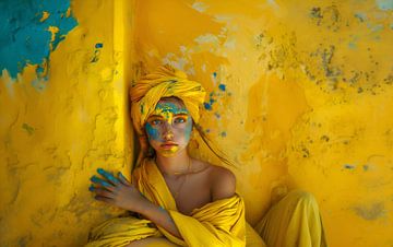Die Kraft der Farbe: Eine Frau in Gelb und Blau umgeben von abstrakter Kunst von Glitzy Fusion Frames