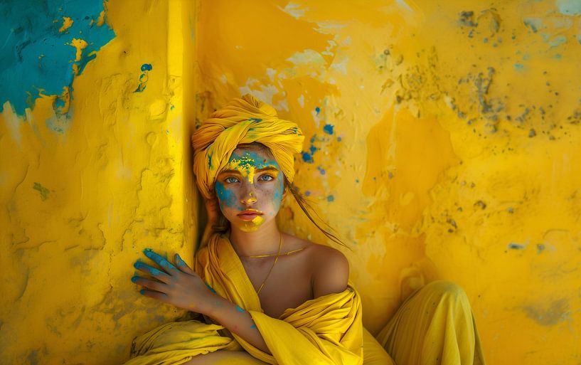 De Kracht van Kleur: Een Vrouw in Geel en Blauw omgeven door Abstracte Kunst van Glitzy Fusion Frames