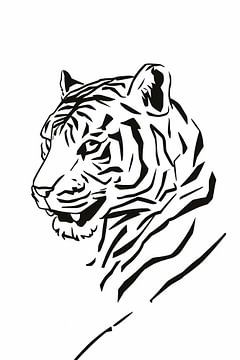 Dessin au trait minimaliste du tigre noir sur De Muurdecoratie