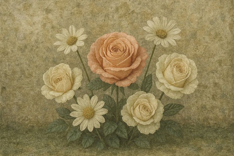 Blumenstillleben - Rosen und Gänseblümchen in sanften Tönen von Kleurenrijk