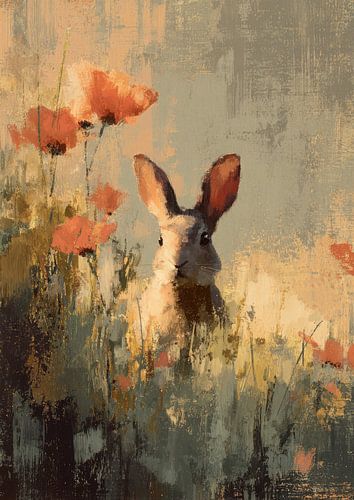 Rabbit poster klaprozenveld olieverfschilderij