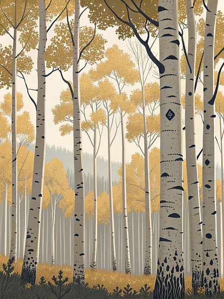 Un bosquet de trembles dorés en automne : Une impression d'art numérique moderne et sereine par Artistic