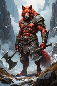 Fantasy Wall Art: FOX – The furry warrior with his mighty axes in the mountains