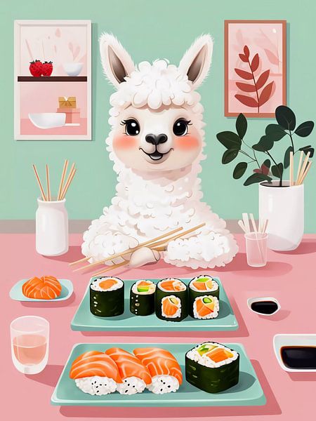 Mignon alpaga mangeant des sushis par haroulita