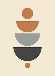 Minimalistische, platte, abstracte illustratie van op elkaar gestapelde geometrische halve cirkels en cirkels in bohemienstijl. van Adam Khabibi