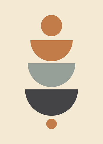 Minimalistische, flache, abstrakte Illustration aus übereinanderliegenden geometrischen Halbkreisen und Kreisen im Bohemian-Stil.