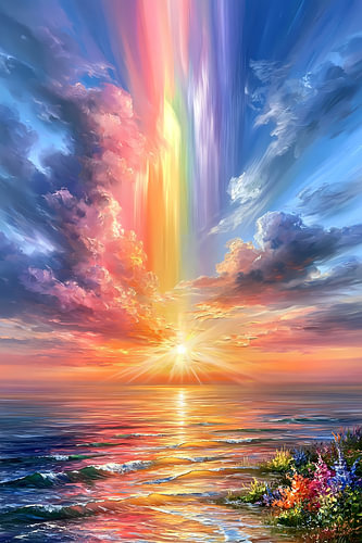 Tableau représentant un paysage marin coloré : un arc-en-ciel se reflétant sur la mer