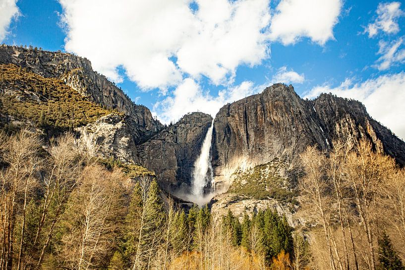 Imposing Yosemite waterfall surrounded by Rugged Mountains and Nature in Yosemite National Park, California by LotsofLiekePrints