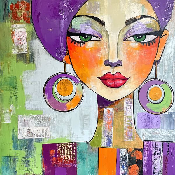Abstracte kleurrijke vrouw met oorbellen paarse accenten van TheXclusive Art