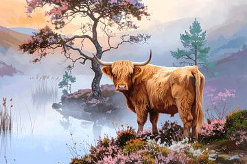 Kleurig kunstwerk van hooglander op de heide van Emiel de Lange