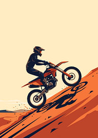 Silhouette minimaliste illustrée à plat représentant un pilote de motocross effectuant un wheelie sur une dune du désert sur Adam Khabibi