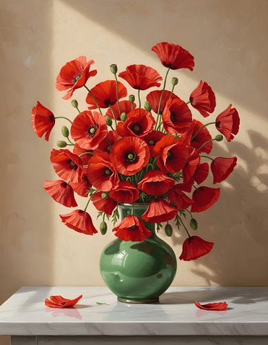 Poppy in a small green ceramic vase