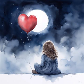 Girl with red balloon under the moonlight by Lauri Creates