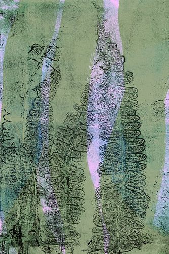 Moderne botanische kunst. Varenbladeren en abstracte vormen in roze, groen en zwart