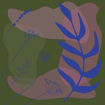 Botanische jazz. Modern abstract in retro kobaltblauw, roze en warmgroen van Dina Dankers