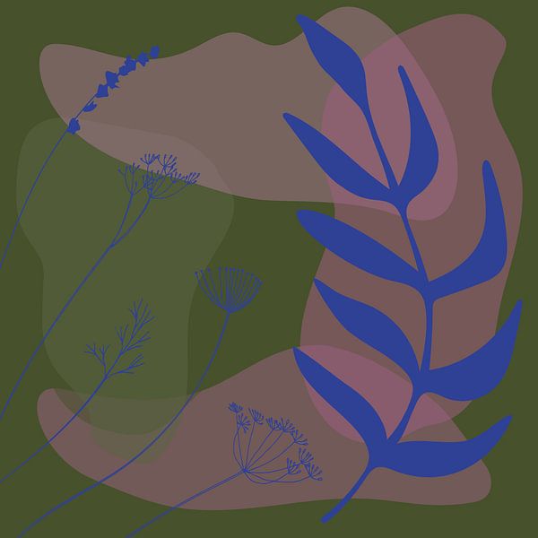 Botanischer Jazz. Modernes Abstraktes in Retro-Kobaltblau, Rosa und warmem Grün von Dina Dankers