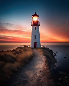 Vuurtoren bij zonsondergang van fernlichtsicht