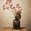 Eekhoorn op Glazen Vaasje – Minimalistisch Stilleven met Bessen & Hout van By Marjolein Design