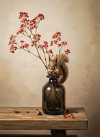 Squirrel on Glass Vase - Minimalist Still Life with Berries & Wood