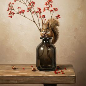 Eichhörnchen auf Glasvase - Minimalistisches Stillleben mit Beeren & Holz von By Marjolein Design