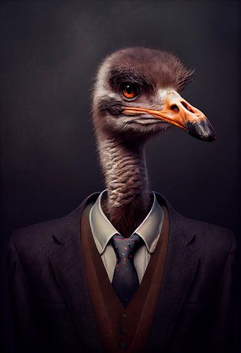 Stately standing portrait of an Ostrich in a suit