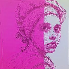 Klassisches Porträt in Feder und Tinte in moderner rosa Jacke von Vlindertuin-Art