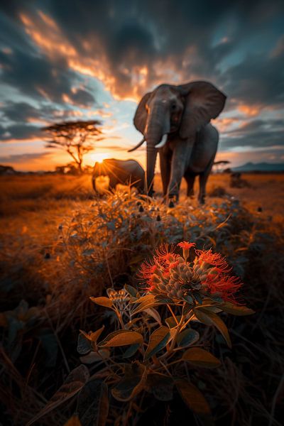 Olifantenfamilie in het ochtendlicht van fernlichtsicht