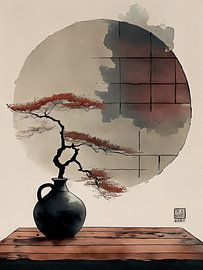 Wabi-Sabi-Stillleben: Japanischer Bonsai in einer Vase mit roten Herbstfarben