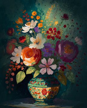 Arrangement de fleurs dans des couleurs chaudes avec de l'or 1 sur Pieternel Fotografie en Digitale kunst
