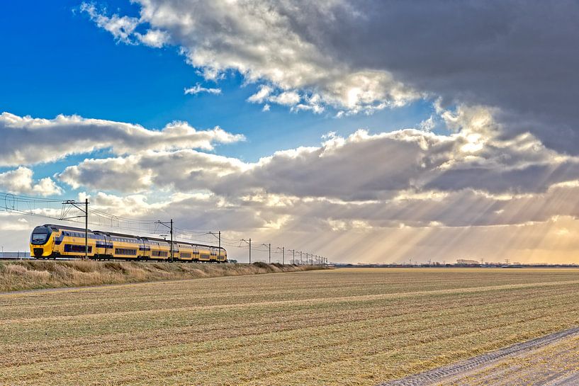 Der Intercity-Zug der NS fährt durch die nordholländische Landschaft von eric van der eijk