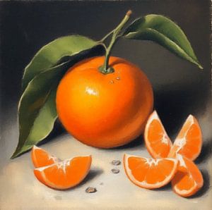 Ein Stillleben einer Mandarine mit Blättern auf schwarzem Hintergrund.