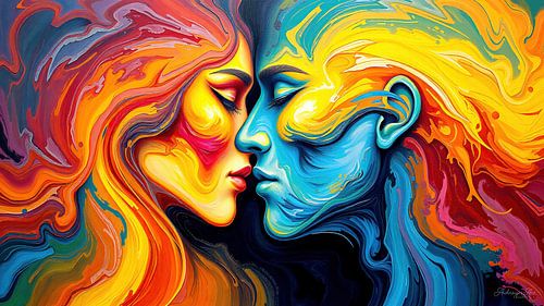 Kus geboren uit abstracte pigmenten: de kus van twee zielen in een dans van licht, emotie en tijdloosheid