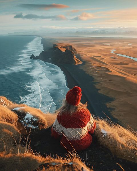 Jonge vrouw kijkt uit over het kustlandschap van fernlichtsicht