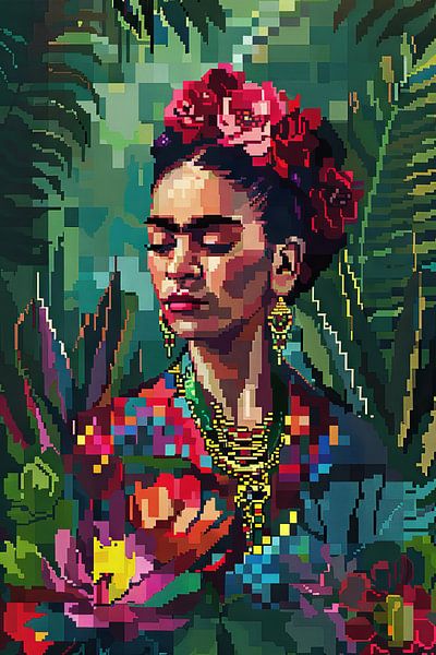 La couronne de fleurs numérique de Frida - portrait en pixel art pour les passionnés d'art rétro et les collectionneurs par Poster Art Shop