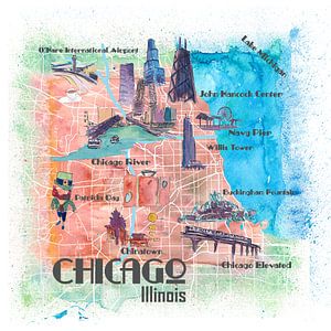 Chicago Illinois USA Carte illustrée avec les rues principales, les curiosités et les points forts sur Markus Bleichner