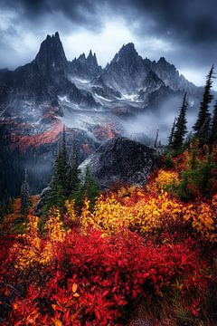 Herfstig berglandschap met mist van Poster Art Shop