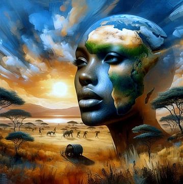 Afrikaanse vrouw in landschap 7 van Yvonne van Huizen