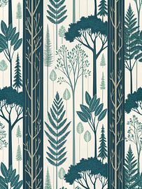 Nordische Waldtapete | Skandinavisch inspirierter Natur-Kunstdruck mit Farnen, Kiefern und Birkenbäumen