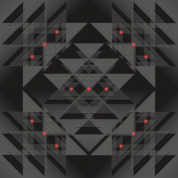 Triangles and squares in different shades of grey with a red accent by Andie Daleboudt