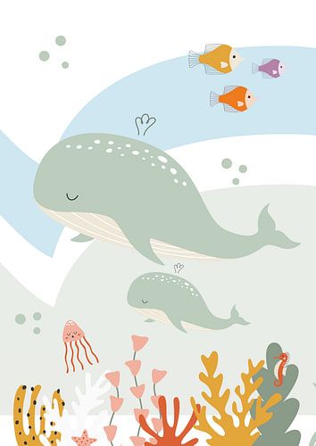 Grote walvis en baby walvis in de zee, kinderkamer van Iris Koopmans