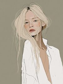 Blonde woman against a taupe background by Lina van Oers