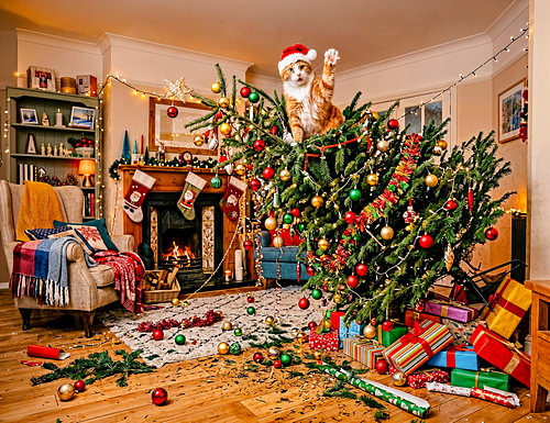 Cat Waving From Christmas Tree