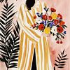Illustration d'une femme avec des fleurs et un manteau rayé sur Studio Allee