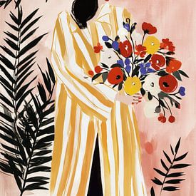 Illustration d'une femme avec des fleurs et un manteau rayé sur Studio Allee